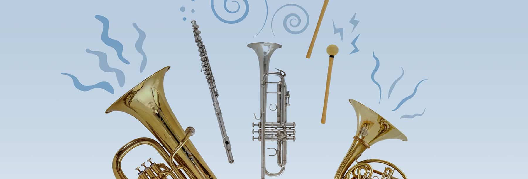 intstrument Tuba, Tvärflöjt, Trumpet, Valthorn